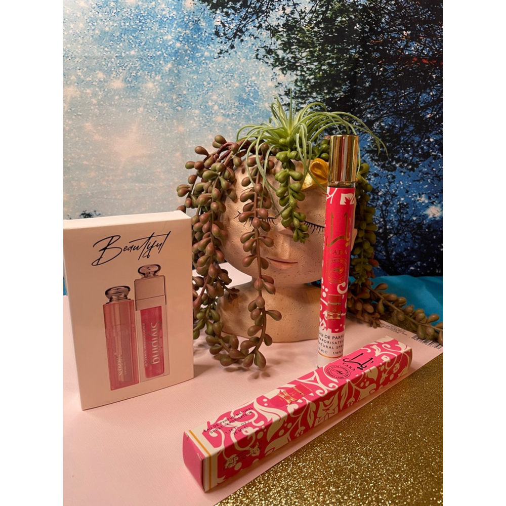 Women's Beautiful Pink Orange Lipstick & Lip Gloss Set & Yara Perfume Spray
